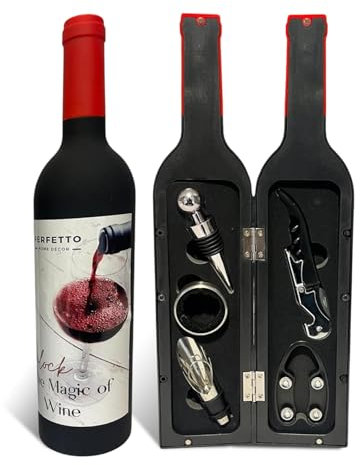 Wine Opener Set - 5 Pcs Wine Accessories Corkscrew Opener Kit Drip Ring Foil Cutter Wine Pourer and Stopper in Bottle Shaped Case - Perfect Party Gift for Wine Lovers (Red)