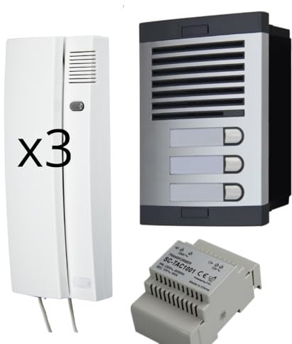 Portero Automático con Sistema de analogico 4+n, para comunidades Completo :Placa Calle,telefonillos Caja de empotrar y Fuente de alimentacion. gran calidad de fabricacion (3 viviendas)