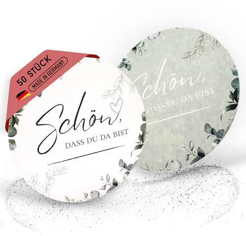 EV® Bierdeckel Pappe – 50 Stück [Schön, dass du da bist] – Doppelseitiges Eukalyptus-Design – Hochwertige Getränkeuntersetzer, ideal als Tischdeko für Geburtstag, Hochzeit & Feste