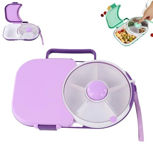 Kinder Snackbox mit Fächern und Deckel, Snackbox mit fächern, Multifunktionale Baby Snack Spinner mit Tragbarem Box Set, Sicher Versiegelter Snackteller für Kleinkinder, Zuhause (Lila)