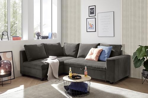 Ecksofa L-Form aus Cordstoff mit Schlaffunktion, braun (Mocca) – Liegefläche 147 × 207 cm, Breite 243 cm, Sitzhöhe 45 cm, Modell MIRA