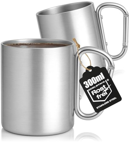 Wilhelm Sell® 2x Edelstahl Thermobecher mit Karabinergriff - 300 ml doppelwandige Isolierbecher - robuste Kaffeetassen für Camping, Wandern, Outdoor & Reisen (300ml - 2 Stück)