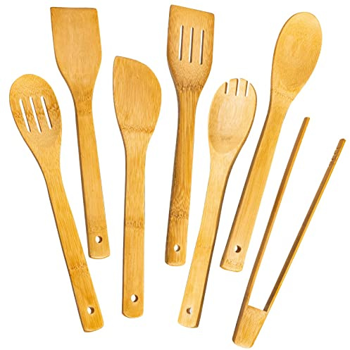 Houbobo 7-Piece Wooden Spoons for Cooking, Natural Wooden Cooking Utensils Set with Spoons, Spatula and Kitchen Tongs, Premium Kitchen Nonstick Utensils Set for Home, Apartment