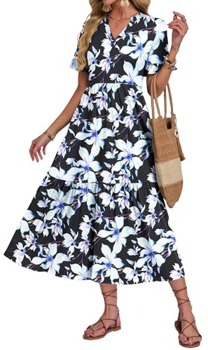 AUSELILY Summer Dresses for Women UK V Neck Maxi Dresses Ladies Ruffle Short Sleeve Swing Casual Long Beach Dress with Pockets