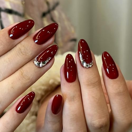 Christams Press on Nails Almond Medium Burgundy, Wine Red Oval False Nails With Diamond, Nail Tips Full Cover Acrylic Stick On Nail For Women And Girls Art Accessories, 30PCS