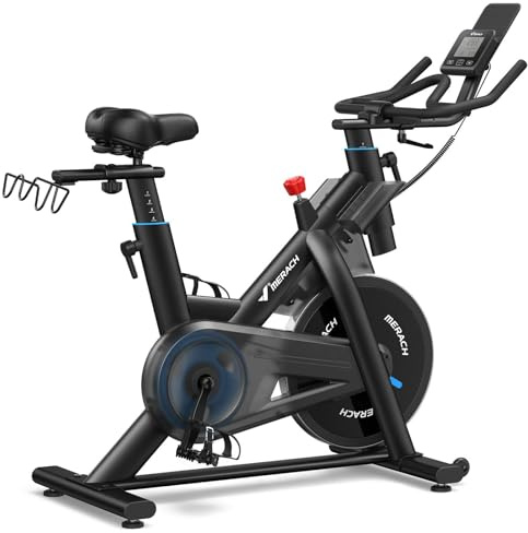 MERACH Heavy Duty Magnetic Exercise Bike with 10kg High Inertia Flywheel | 50% Improved Training Efficiency, Ultra-Quiet Design, Shock-Absorbing Extra Large Cushion, Exclusive App, Up to 159KG