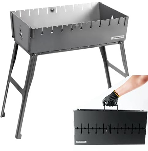 Grill-MANGAL 60 x 40 cm mit Tasche Gratis | 3 mm Warmgewalzter Stahl Tragbarer Holzkohlegrill im Kofferdesign für 10 Spieße – Faltbarer BBQ Schaschlik Kebab Grill für Camping (Mangal)