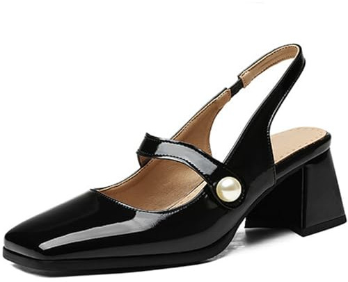 Mary Jane Scarpe Donna Punta Quadrata Tacco Largo 5 cm Slingback Dettaglio Perle Effetto Verniciato Stile retrò Disponibili in più Colori Taglie Complete 34-48,Nero,44 EU