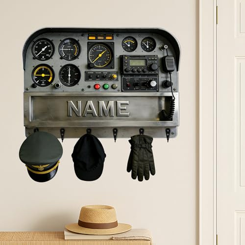 HCLRIU Porte-clés Mural Personnalisé avec Nom, Porte-clés Mural Thème Tableau de Bord D'Avion Personnalisé, Imprimé 2D en Acrylique, Cadeau Déco pour Pilotes, Passionnés D'Aviation