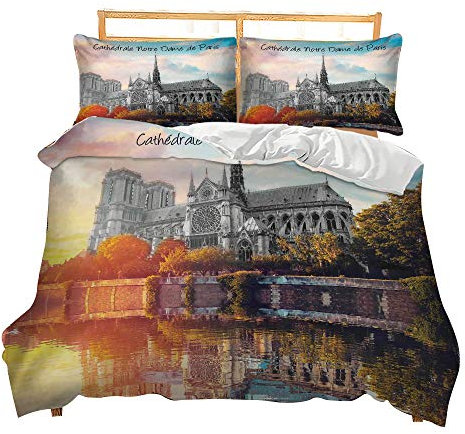 Bettwäsche Set Europa Amerika Städtisches Wahrzeichen Gebäude Landschaft Digital Drucken Bettbezug und Kissenbezug (Notre Dame de Paris, Doppelbett 200 x 200 cm 3 Stück)