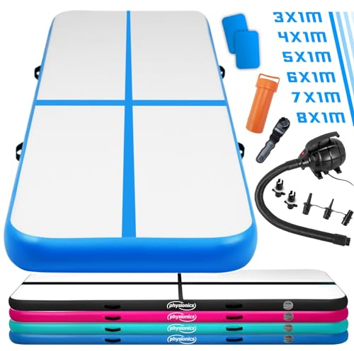 Physionics® Air Matte Track - 3/4/5/6/7/8 m, aufblasbar, mit elektrischer Luftpumpe, Farbwahl - Turnmatte, Gymnastikmatte, Tumbling Matte, Trainingsmatte, Fitnessmatt, Yogamatte Blau