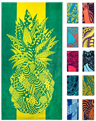 Nova Blue Strandtuch Ananas - gelb und grün mit tropischem Design, extra groß, XL (86,4 x 160 cm) Tropische Früchte, gelbes einzigartigem Design aus 100% Baumwolle für Kinder & Erwachsene