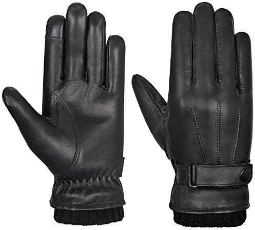 Oro Gloves Men's Winter Leather Gloves, Winter Warm Gloves Fleece Lined Black Leather Driving, Touchscreen Compatible Casual Outdoor Sports (Black, M)