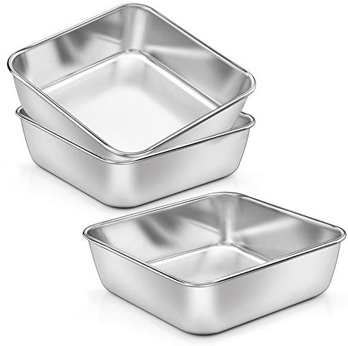 P&P CHEF Square Baking Cake Pans, Small Stainless Steel Lasagna Brownie Pan For Birthday Cake Bread Pie, Non-toxic & Durable, Smooth Rim & Leakproof, Oven & Dishwasher Safe, 6 Inch & 3 Pcs