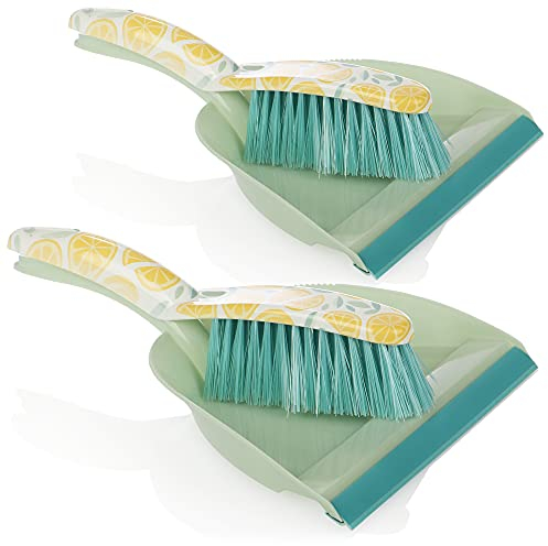 com-four® 2X Set de Barrido - Set de Barrido Compuesto por Cepillo de Mano y recogedor - Cepillo de Mano en diseño de limón - Pala con Labio de Goma (02 Piezas - Menta/Amarillo)