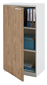 boho office® be.smart - Schrank 60 cm breit Tür Links mit 2 höhenverstellbaren Einlegeböden und einstellbaren Füßen in weiß mit Front in Eiche und weißem Griff