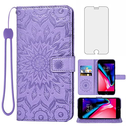 Phone Case for iPhone 7plus 8plus 7/8 Plus Wallet Cases with Tempered Glass Screen Protector Leather Flip Cover Card Holder Stand Cell Accessories i Phone7s 7s 7+ 8s 8+ Phones8 Women Purple