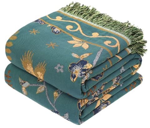VANJOROY Bohemian Sofa Large Bed Throw Blanket-150x200cm, 100% Organic Cotton Soft Double-sided Warm Summer Throw for Single 2 3 Seater Settees Armchair Couch and Bedspread.Teal/Slightly green