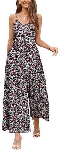 LAISHEN Jumpsuit for Women UK Playsuits Wide Leg Dressy Pants Overall Ladies Summer Casual Dungarees Romper with Pockets (Floral 01, L)
