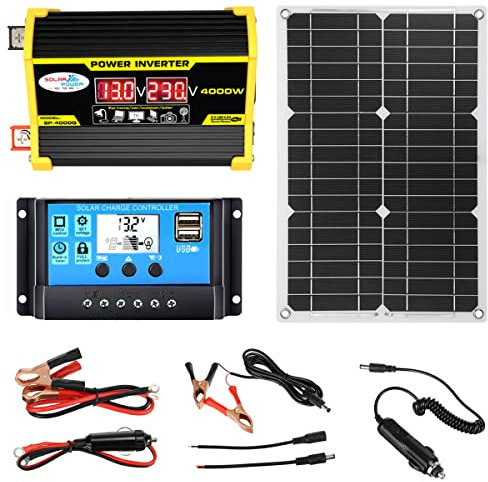 CORLYSE Kit De Panneaux Solaires 4000W, Kit D'onduleur Solaire Portable Léger, avec Contrôleur Solaire 30A, Système d'alimentation Solaire Complet pour Maison, Abri, Ferme, Camping-Car, Bateaux,Black