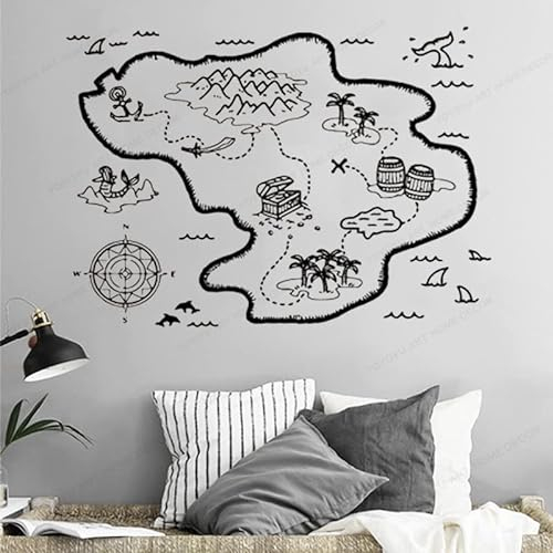 Treasure Map Wandaufkleber Pirate Vinyl Wand Decor 57X40CM - Schatzkarte für Kinder Zimmer Wand Aufkleber - Matt, Schwarz, PVC, Cartoon, Wiederverwendbar, Indoor, Wandaufkleber