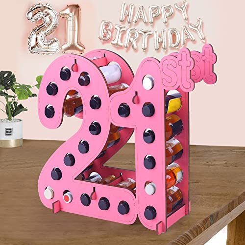 21st Birthday Decorations for Her Centerpiece Table Decorations for Party, Mini Liquor Bottle Holder Wine Bottles Stand, Birthday Gifts for Him Table Photo Shoot Props Shot Holder Backdrop Sign (PINK)