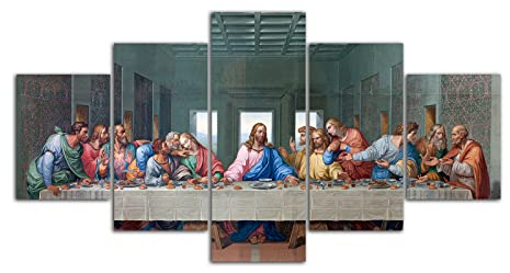 5 Stück Das letzte Abendmahl Wandkunst Bild Leonardo Da Vinci Renaissance Religiöses Poster Druck Leinwand Gemälde Moderne Esszimmer Wohnzimmer Büro Dekoration (insgesamt 55 x 100 cm, ohne Rahmen)