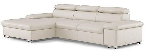 CAVADORE Echtleder-Schlafcouch Valerie mit XL-Longchair / Ecksofa mit Bettfunktion, Kopfteilverstellung + großem Longchair / 286 x 73 x 174 / Leder Weiß