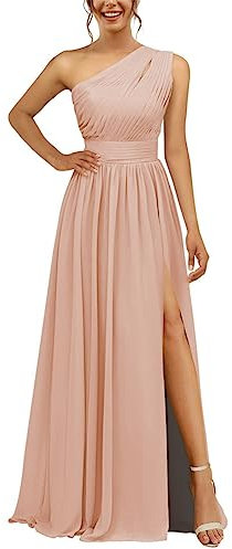 Robe de demoiselle d'honneur asymétrique en mousseline de soie avec fente plissée longue trapèze robe de demoiselle d'honneur pour femme, rose, 36