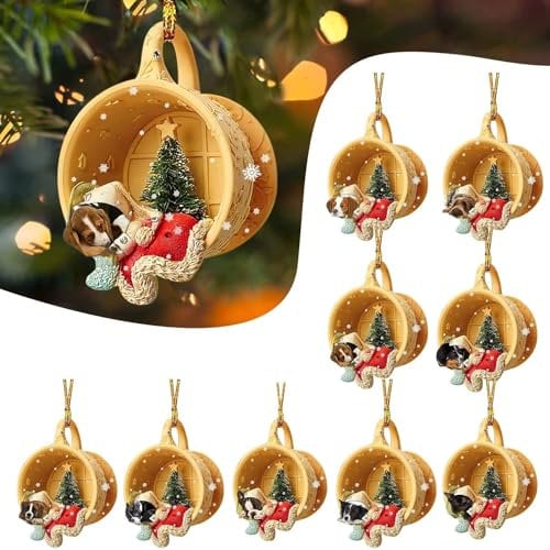 9pcs Cute Cup Dog Christmas Tree Decorative Pendants Non-3D Acrylic Sleeping Dogs Christmas Hanging Ornament Home Decoration Indoor (9pcs, 8cm/3.14inch)