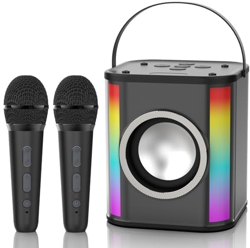 Karaoke Machine 2 Microphones for Kids Adults, Portable Bluetooth Speaker for Children with USB/TF Card/Aux, Voice Changing Effects& Lights Effects, Rechargeable, Toys Gift for Girls Boys Home Part