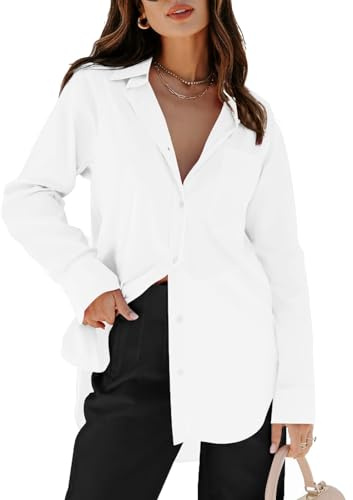 siliteelon Womens Button Down Shirts Dress Shirts Long Sleeve Blouses V Neck Solid Casual Tunics Tops with Pockets - White L