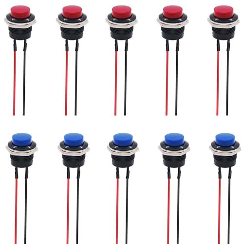 PNOOFR 10Pcs Interruttore Pulsante Rontondo, Mini Pulsanti, Pulsante Interruttore Momentaneo, Pulsanti da Pannello per DIY Auto, Campanello, Barca (Rosso, Blu)