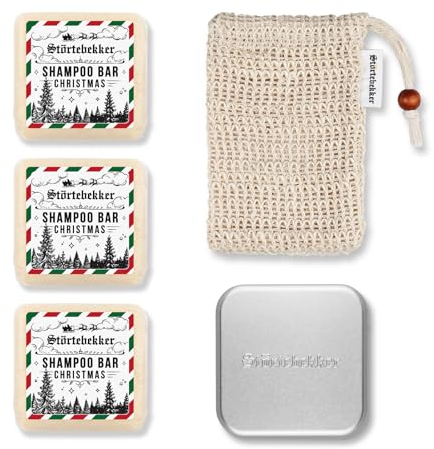 Störtebekker Duschset - Festes Shampoo x 3 Weihnachtsedition (Zimt-Orange), Sisalsäckchen + GRATIS Seifendose Aluminium - Shampoo Bar Set für Haar, Gesicht & Körper - Handgefertigt in Seifenmanufaktur