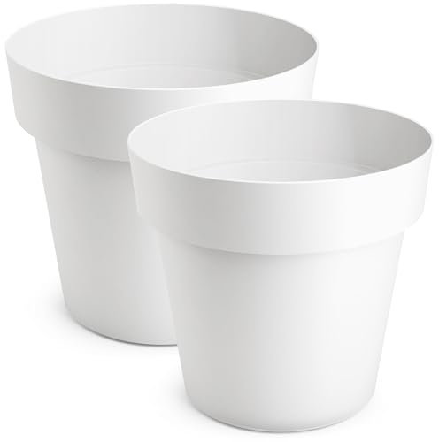 PECZEKO Macetero Mate, macetero de plástico, macetero Decorativo para Flores Grandes y pequeñas, Juego de 2 maceteros, maceteros, maceteros para Hierbas, (Paquete de 2) Blanco, ø 16 cm