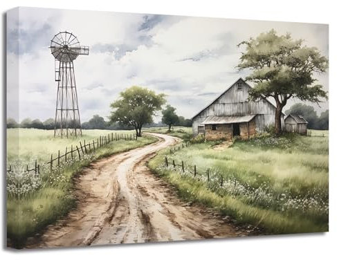 LZIMU Französische Land Leinwand Bilder Bauernhof Windmühlen Häuser Gemälde Drucke Vintage rustikales Landhaus Dekor Gerahmt (Bild-4, (70.00 x 105.00 cms))