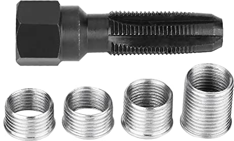 5 Stück Kohlenstoffstahl Zündkerze Rethread Werkzeug Zylinderkopf Nachschneidsatz mit 4 Unterschiedlich Großen Gewindeeinsätzen für 14mm Zündkerzen Reparatur(73×24×11mm/2,9×1×0,4 Zoll)