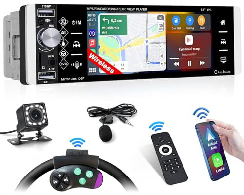 Inefala Pantalla Radio Coche 1 DIN con Carplay inalámbrico y Android Auto, Pantalla de 5,1 Pulgadas con Bluetooth, Mirror Link, Compatible con FM RDS, EQ, USB/AUX/TF, cámara de visión Trasera