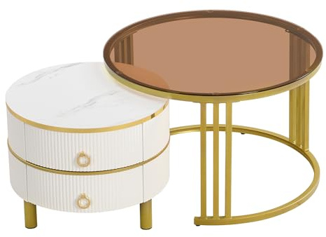 HAINEW Runder Couchtisch Satztisch 2er Set mit Gold Metallgestell und Braun Glas Platte, Moderner Beistelltisch Wohnzimmertisch Sofatische mit 2 Schubladen, 70×70×45cm + 50×50×40cm (Weiß)