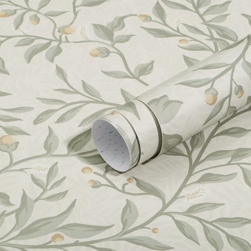 Timeet Self Adhesive Wallpaper Green Leaf Peel and Stick Wallpaper Leaves Yellow Fruit Print Sticky Back Plastic Beige Waterproof Vinyl Film for Furniture Cabinet Interior Wall 41x1000cm