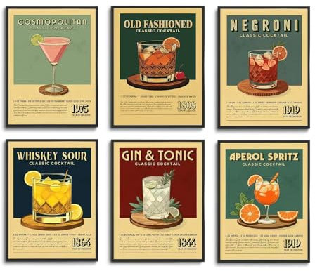Fetyiu Retro-Cocktail-Poster, Vintage-Bar, Wandkunstdrucke, Dekor-Set, 6 Stück, flippiger Barwagen, ästhetisches Bild, bunt, adrett, Leinwandgemälde für Esszimmer, Küche, 20,3 x 25,4 cm, ungerahmt
