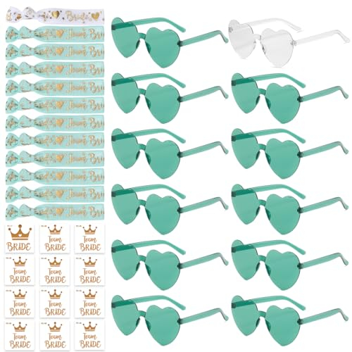 36 Stück JGA Brille Herz Sonnenbrille Set, Brille Team Armbänder Set jga accessoires, 12Herz Sonnenbrille+12Bride Tattoo Aufkleber+12Bride Armband