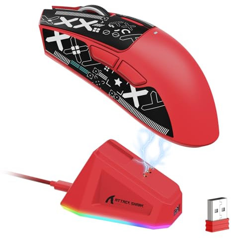 LexonElec x ATTACK SHARK X11 Mouse da Gioco Wireless con Dock di Ricarica Magnetico RGB, Sensore PixArt PAW3311, Leggero 59g Mouse da Gioco Tri-Mode, Cablate/2.4G/BT, Fino a 22K DPI per PC/Mac-rosso