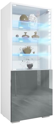 Vladon Vitrine Granada, Made in Germany, Vitrinenschrank mit Glastür und Glaseinsatz inkl. LED, Weiß matt/Grau Hochglanz (50 x 122,5 x 34,5 cm)