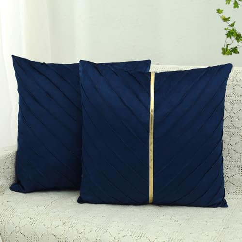 XIEJINJIA 2er Set Samt Kissenbezug mit Gold Leder Kissenhülle Sofakissen Dekorative Dekokissen Zierkissenbezüge für Couch Schlafsofa Wohnzimmer Schlafzimmer 45 x 45 cm Dunkelblau