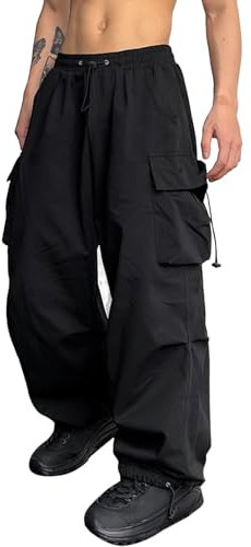 ZAFUL Loose Fit Strahlfüße Cargo Hose Herren Lang Tunnelzug Fallschirm Y2K Lässig Hosen Verstellbare Taille (1-Schwarz,M)