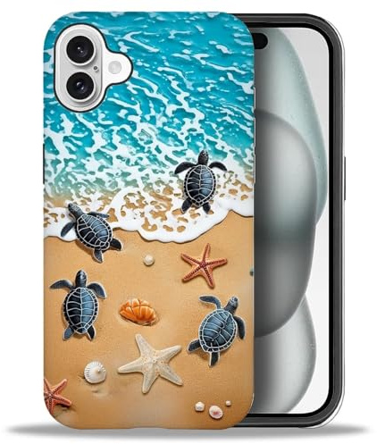 yicomon Kompatibel mit iPhone 16 Hülle, Ozean-Strand-Schildkröten-Muster, matt, langlebig, modisch, lustig, Flüssigsilikon, weich, kratzfest, stoßfest, Schutzhülle