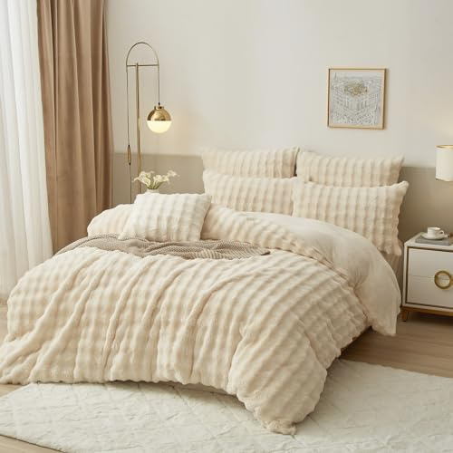 Luowei Plüsch Bettwäsche 135x200 Warm Winter Weiß Creme Kuschelige Flauschig Bettwäsche Luxus Wende Bettbezug mit Reißverschluss und Kissenbezug 80x80cm