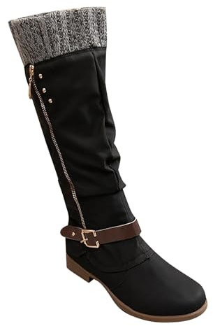 riou Stivali Donna Gambale Curvy Pianta Larga Stivali Donna Texani Alti Pelle Zeppa Lunghi Stivali Donna Alti Biker Boots Motociclista Stivaletti Fibbie Anfibi Scarponi Alti