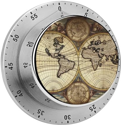 Edelstahl-Timer, alte Karte, Weltkugel, bedruckt, Digita, Küche, Kochen, Timer, multifunktional, magnetisch, Countdown-Timer, Verwendung in Pausenzeit, Kochen, Fitnessstudio, Meeting, Klassenzimmer